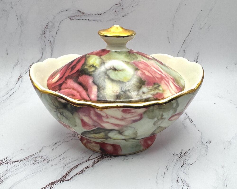 Vintage Peppertree Rose Chintz Sugar Bowl with Lid, Pink Green Floral Gold Trim